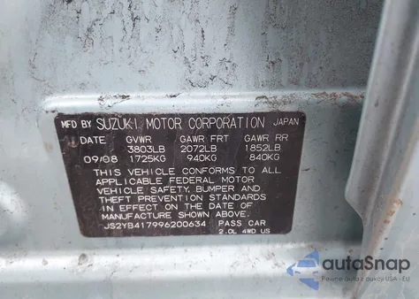 2009 Suzuki Sx4 Touring z USA, uszkodzony, nr VIN JS2YB417996200634